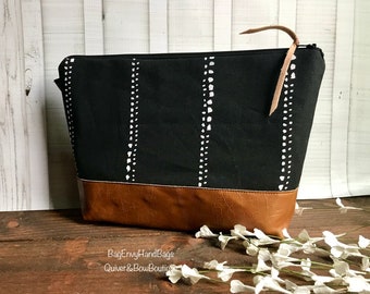 Beaded Stripe in Black with Vegan Leather - Large Make Up Bag / Diaper Clutch / Bridesmaid Gift