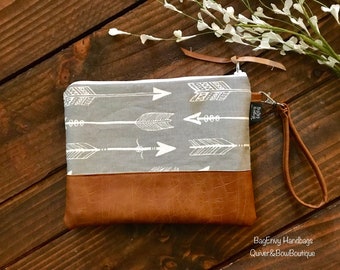 Grab N Go Wristlet Clutch - Boho Arrows in Grey with Vegan Leather