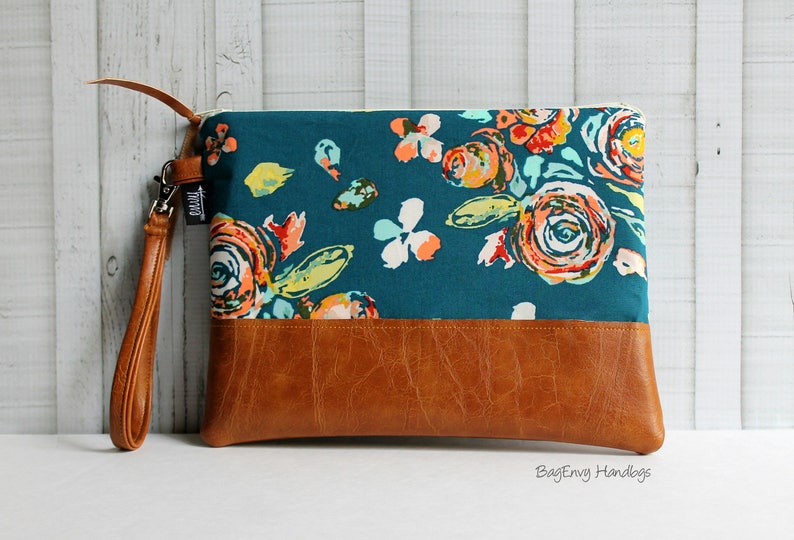 Grab N Go Wristlet Clutch Teal Boho Flora with Vegan Leather image 4