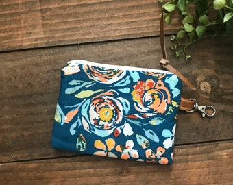 Teal Boho Floral with Vegan Leather and Key Clip  /  Coin Pouch / Change Purse