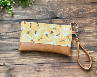 Goldenrod Floral with Vegan Leather - Zippered Wristlet Clutch /  Bridesmaid Gift