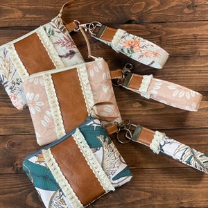 Small Key fob Wristlet with Wallet Clutch - Floral Boho Fringe and Vegan Leather