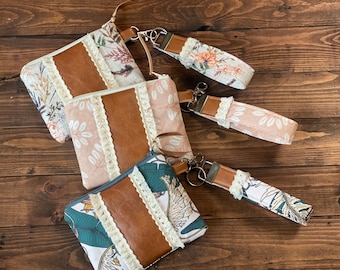 Small Key fob Wristlet with Wallet Clutch - Floral Boho Fringe and Vegan Leather