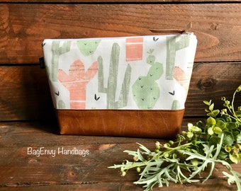 Cactus in Desert Sun with Vegan Leather - Large Make Up Bag / Diaper Clutch / Bridesmaid Gift