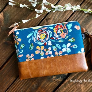 Grab N Go Wristlet Clutch Teal Boho Flora with Vegan Leather image 2