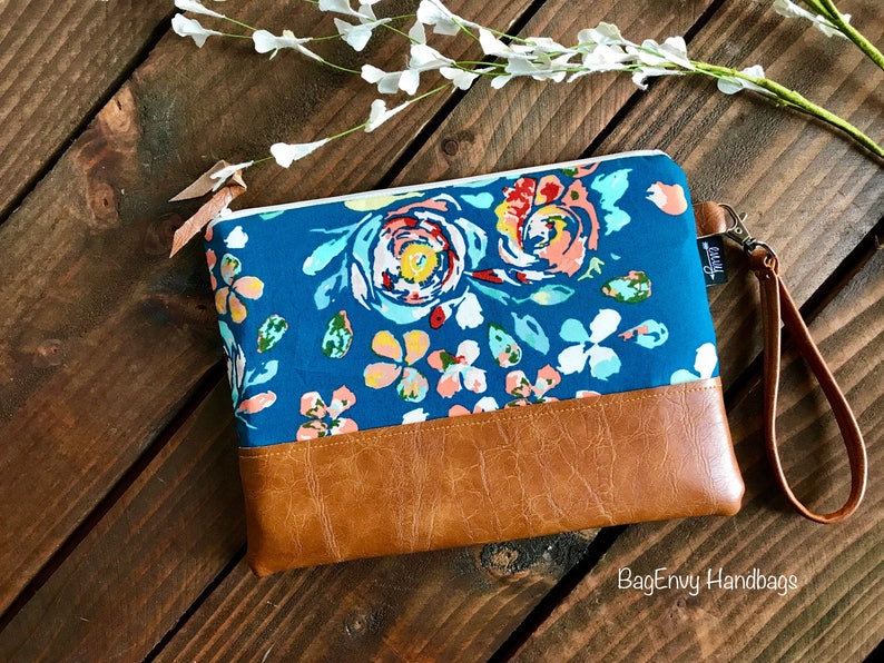 Grab N Go Wristlet Clutch Teal Boho Flora with Vegan Leather image 2