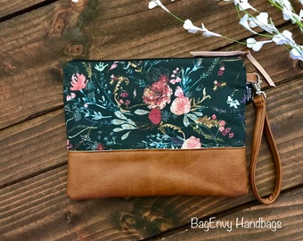 Grab N Go Wristlet Clutch -Boho Floral  in Midnight in Charcoal with Vegan Leather