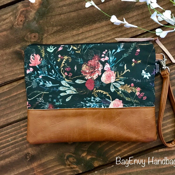 Grab N Go Wristlet Clutch -Boho Floral  in Midnight in Charcoal with Vegan Leather