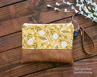 Grab N Go Wristlet Clutch - Pom Floral in Mustard with Vegan Leather