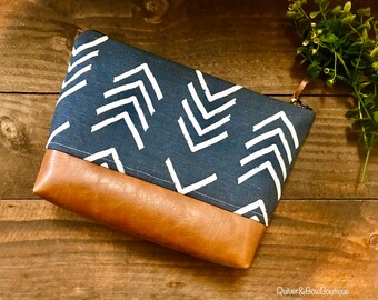 Herringbone MudCloth in Charcoal Vegan Leather - Large Make Up Bag / Diaper Clutch / Bridesmaid Gift