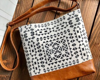 Messenger Slouchy Tote - Aztec Tile  with Vegan Leather - Adjustable Strap