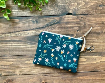 Petite Fall Floral with Vegan Leather and Key Clip  /  Coin Pouch / Change Purse