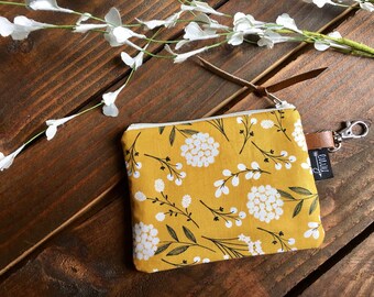 Pom Floral in Mustard with Vegan Leather and Key Clip  /  Coin Pouch / Change Purse