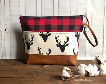 Woodland - Buffalo Plaid - Buck with Vegan Leather or Design Your Own - Large Zippered Diaper Clutch / Toddler Bag - Attach to Stroller