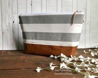 Grey Stripe with Vegan Leather - Large Make Up Bag / Diaper Clutch / Bridesmaid Gift