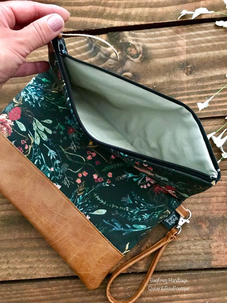 Fold Over Clutch Boho Floral in Midnight with Vegan Leather Detachable Wristlet image 5