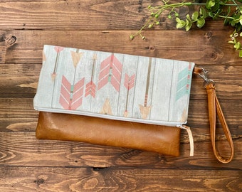 Fold Over Clutch - Arrows in Sherbet with Vegan Leather - Detachable Wristlet