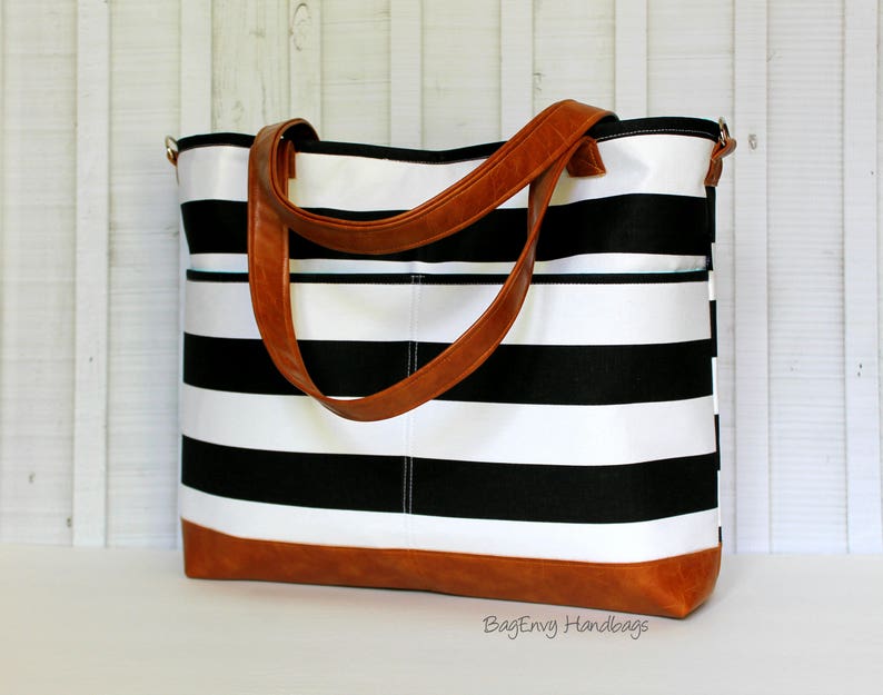 Black and White Stripe with Vegan Leather Tote Bag Diaper ...