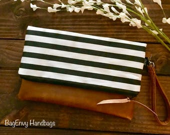 Fold Over Clutch - Skinny Black Stripe with Vegan Leather - Detachable Wristlet