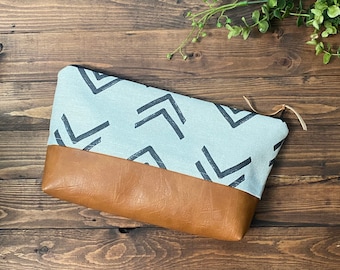 Herringbone MudCloth  - with Vegan Leather - Medium Make Up Bag / Cosmetic Bag / Bridesmaid Gift