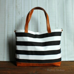 Black Stripe With Vegan Leather Tote Bag / Diaper Bag / - Etsy
