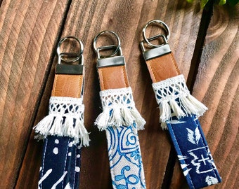 Boho Style Key Fob / Key Wristlet - Choose Your Fabric - MudCloth / Mandala / Arrows - Fringe Lace with Vegan Leather