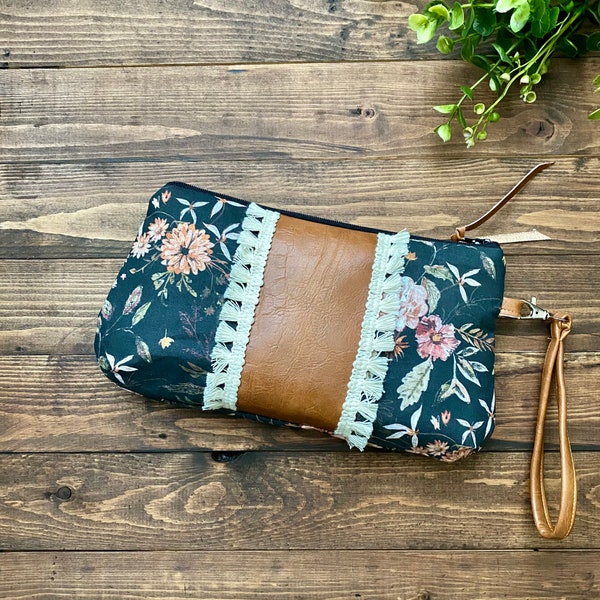 Curvy Clutch in Delilah Floral in Black with Vegan Leather and Fringe Lace - Zippered Wristlet Clutch / Bridesmaid Gift / Cell Phone Clutch