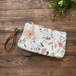 Curvy Clutch in Delilah Floral in Autumn with Vegan Leather and Fringe Lace Zippered Wristlet Clutch / Bridesmaid Gift / Cell Phone Clutch image 3