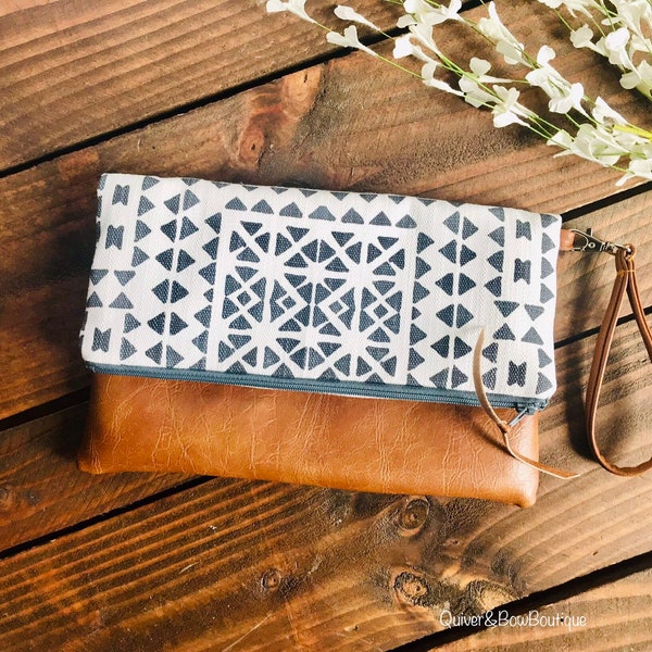 Fold Over Clutch - Aztec Tile with Vegan Leather - Detachable Wristlet