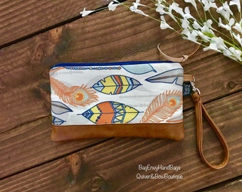 Autumn Feathers with Vegan Leather - Zippered Wristlet Clutch /  Bridesmaid Gift