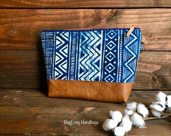 Stamped Aztec Mud cloth with Vegan Leather - Large Make Up Bag / Diaper Clutch / Bridesmaid Gift