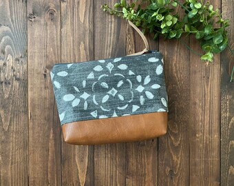 Stenciled Lace in Charcoal with Vegan Leather - Cosmetic Bag - Make Up Bag - Bridesmaid Gift