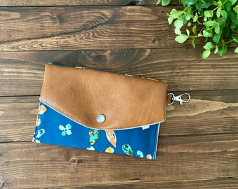 Small Snap Clutch with Swivel Clasp in Teal Boho Floral and Vegan Leather