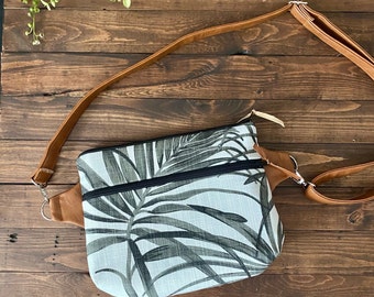 Convertible Sling Bag - Fanny Pack - Hip Bag - Shoulder Bag - Cross body Adjustable  - Palms in Charcoal with Vegan Leather