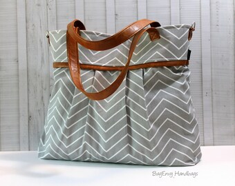 Monterey Large Tote - Diaper Bag - with Vegan Leather -  In Grey Skinny Chevron  - or Custom Design Your own