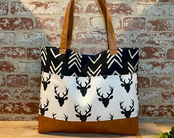 Black Herringbone MudCloth - Black Deer Head with Vegan Leather - Outside Pockets - Tote Bag /  Diaper Bag  / Large Bag