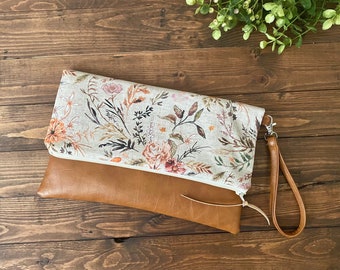 Fold Over Clutch - Delilah Floral in Autumn with Vegan Leather - Detachable Wristlet