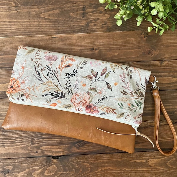 Fold Over Clutch - Delilah Floral in Autumn with Vegan Leather - Detachable Wristlet