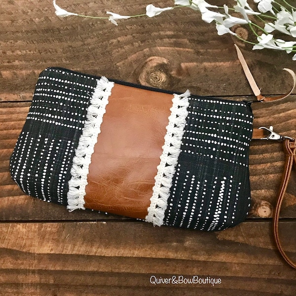 Curvy Clutch in Charcoal Sketched Stripes with Vegan Leather- Fringe Lace - Zippered Wristlet Clutch / Bridesmaid Gift / Cell Phone Clutch