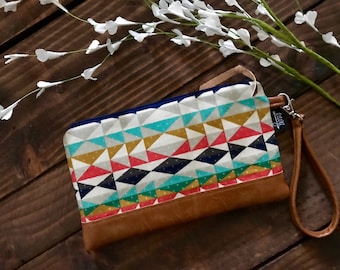 Aztec Overlook with Vegan Leather - Zippered Wristlet Clutch /  Bridesmaid Gift