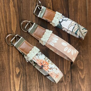 Boho Style Key Fob / Key Wristlet Floral Collection Lace with Vegan Leather Choose Your Fabric image 2