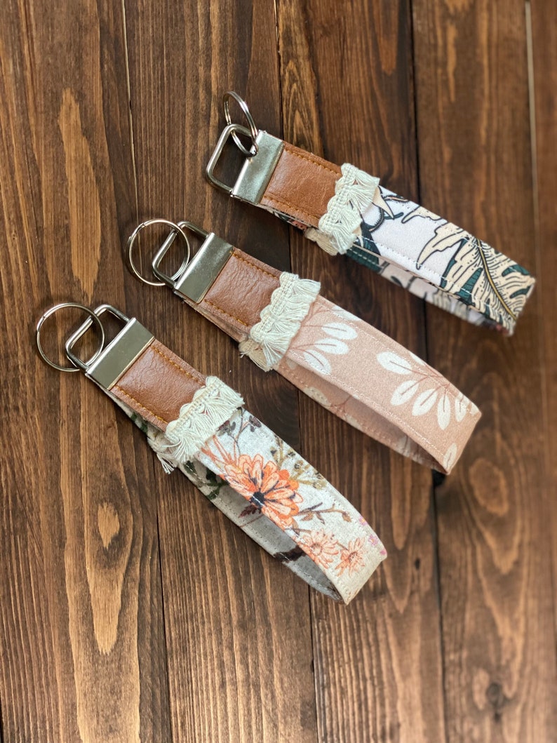 Boho Style Key Fob / Key Wristlet Floral Collection Lace with Vegan Leather Choose Your Fabric image 2
