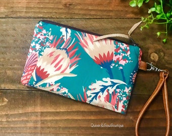 Boho Garden with Vegan Leather - Cell Phone Wristlet Clutch /  Bridesmaid Gift