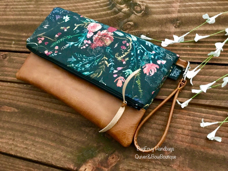 Fold Over Clutch Boho Floral in Midnight with Vegan Leather Detachable Wristlet image 4