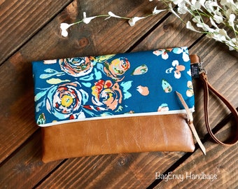 Fold Over Clutch - Teal Boho Floral with Vegan Leather - Detachable Wristlet