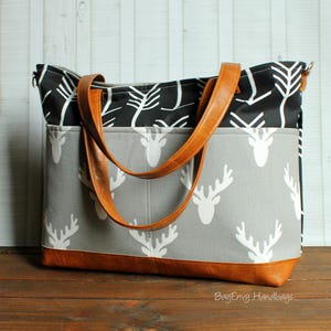 Black Arrows Grey Deer Head with Vegan Leather Outside Pockets Tote Bag / Diaper Bag / Large Bag image 2