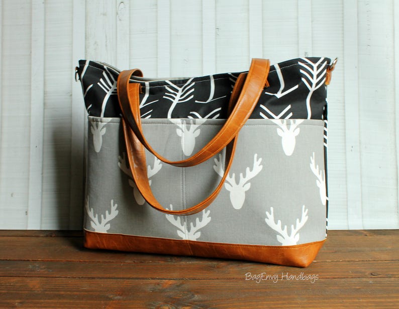 Black Arrows Grey Deer Head with Vegan Leather Outside Pockets Tote Bag / Diaper Bag / Large Bag image 2