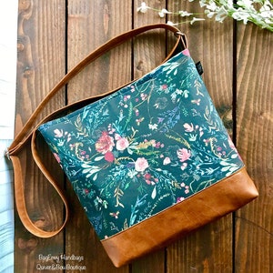 Messenger Slouchy Tote - Boho Floral in Midnight with Vegan Leather - Adjustable Strap