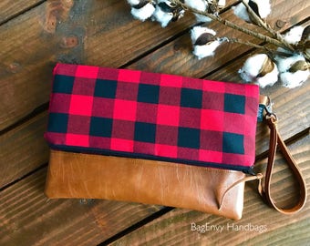 Fold Over Clutch - Buffalo Plaid with Vegan Leather - Detachable Wristlet