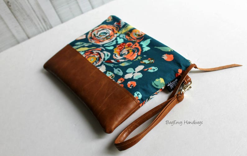 Grab N Go Wristlet Clutch Teal Boho Flora with Vegan Leather image 5